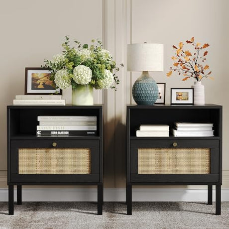 Natural Rattan Nightstands Set of 2, Accent End Table, Boho Bedside Table with 1 Hand Made Decorated Door for Living Room, Bedroom, Black Angel Sar