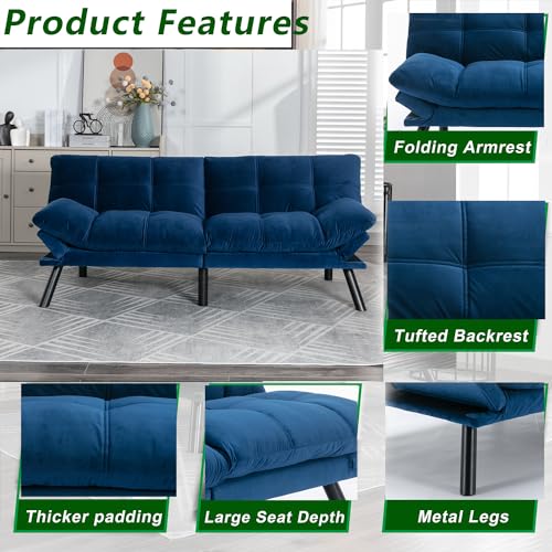 Modern Velvet Convertible Folding Futon Couch Sofa Bed Adjustable Pillow Top Arm Memory Foam Couch Double Loveseat Sofa for Compact Living Space,Dorm,Game Studio,Apartment,Bedroom (Navy Blue) Klwenas Maec