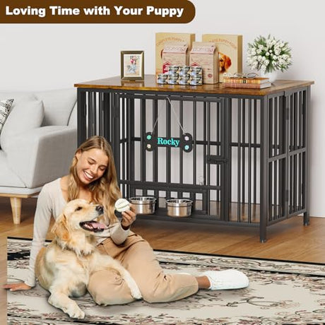Easycom Dog Crate Furniture Foldable, No Assembly Decorative Dog Kennel Indoor, Dog Crates for Large Dogs(35-60 lb), Wooden Dog Cage with Adjustable Bowls and Name Tag, End Table, Rustic Brown EasyCom