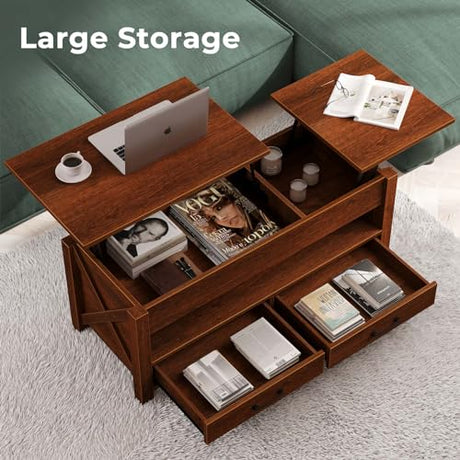 Seventable Coffee Table, 47.2" Lift Top Coffee Table with 2 Storage Drawers and Hidden Compartment, Farmhouse Center Table with Wooden Lift Tabletop, for Living Room,Espresso Seventable