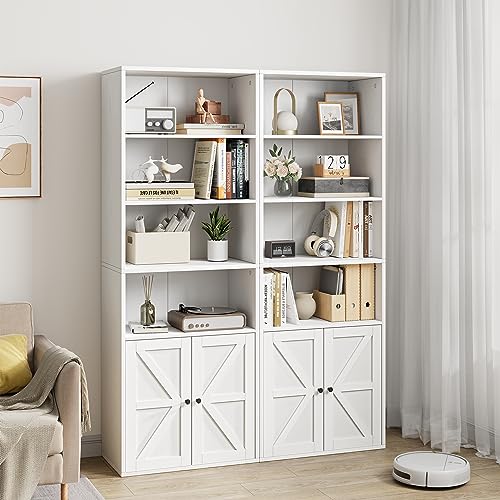 White Industrial Bookcase with Doors - 71.4in Tall Farmhouse Wooden Bookshelves by IDEALHOUSE