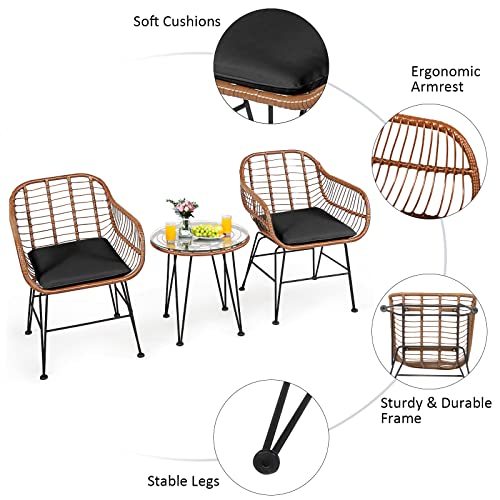 Tangkula 3 Pieces Patio Conversation Bistro Set, Outdoor Wicker Furniture w/Round Tempered Glass Top Table & 2 Rattan Armchairs, Bistro Chat Set w/Seat Cushions for Porch, Backyard, Garden - WoodArtSupply