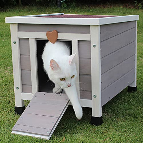Rockever Outdoor Cat House,Outdoor cat Houses for Feral Cats Weatherproof Rabbit Hutch Small, Wooden Small Pet House and Habitats-Grey Rockever