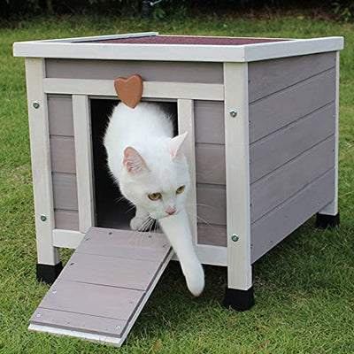 Rockever Outdoor Cat House,Outdoor cat Houses for Feral Cats Weatherproof Rabbit Hutch Small, Wooden Small Pet House and Habitats-Grey