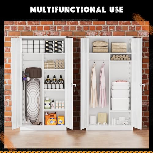 Greenvelly Metal Storage Wardrobe Cabinet with Lock Doors, 72" White Metal Freestanding Wardrobe Closet Locker with Doors and Shelves,Clothing Coat Steel Storage Locker for Office,Home,School,Gym Greenvelly