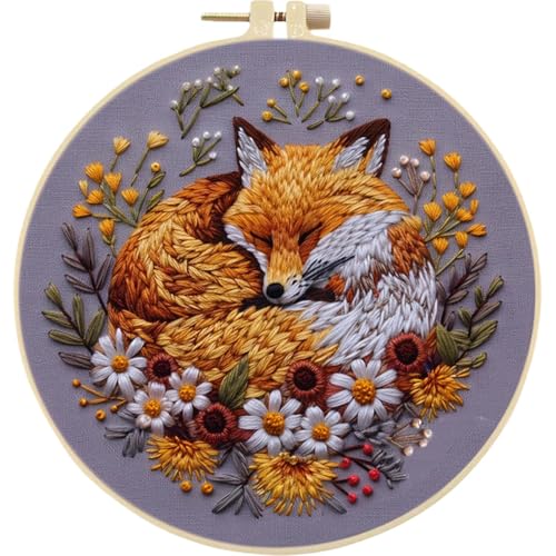 Needlework Embroidery Kit for Beginners,Cute Fox Pattern Handmade Cross Stitch Sewing Art Craft Kit with Stamped Design Cotton Threads Needles Hoop for Home Decor