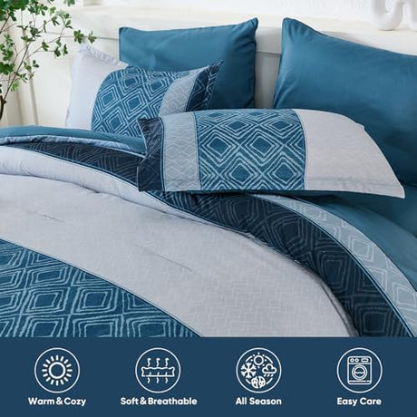 Dinjoy Navy Blue King Size Comforter Set,Striped Bed in a Bag King 7 Pieces Soft Microfiber Fall Bedding Comforters Sets with Sheet Boho Bed Complete Set for Men All Season Dinjoy