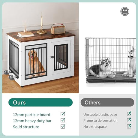 YITAHOME 39" Dog Crate Furniture, Wooden Side End Table with Adjustable Feet and Removable Bowls, Dog Kennel Indoor for Medium Large Dogs YITAHOME
