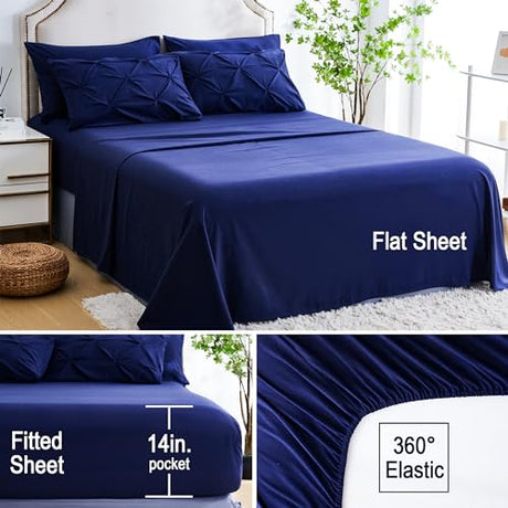 Ubauba 7pc Dark Blue King Comforter Set with Sheets, 7 Piece Pinch Pleating Bed in a Bag Royal Blue Bedding Comforters & Sets, Soft Fluffy Pintuck Bed Set (Navy,King) Ubauba
