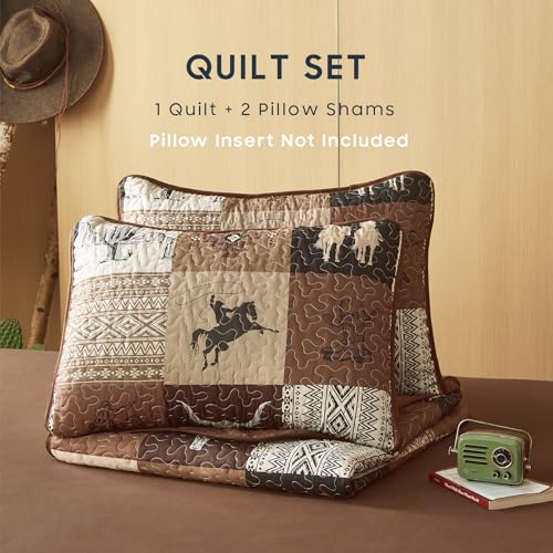 Wake In Cloud - Western Quilt Set, Southwestern Aztec Country Horse Cowboy Rustic Ranch Pattern Printed, Reversible Lightweight Bedspread Coverlet, 3 Pieces, Tan Brown, Queen/Full Size Wake In Cloud