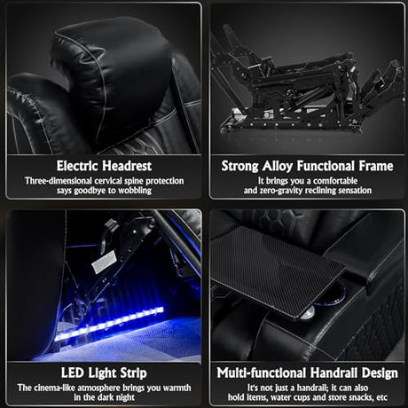 NMXUXMN Home Theater Seating,Top-Grain Leather Recliner Sofa, Zero Gravity Power Reclining Couch with Ambient LED Lights, Cup Holders & USB, Tray Table-Single Black NMXUXMN