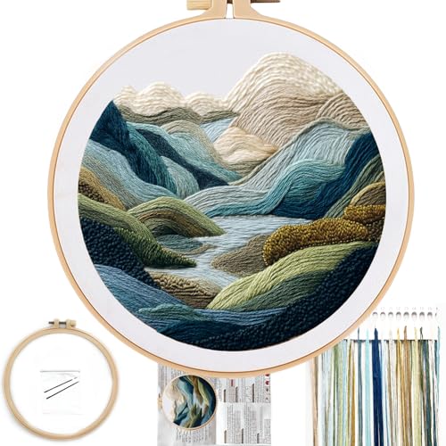 FONNUY Embroidery Kit for Beginners, Nature Hills Landscape Pre-Stamped Pattern Kits for Adults with Hoop, Easy to Follow Color Thread Needlework, 8'' Hoop (Green Hills)