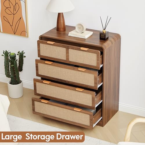 RUSTYER Mid Century Modern Dresser for Bedroom with 4 Drawers, 35" Tall Chest of Drawers with Natural Linen, Curved Wood Dresser Closet Clothes Storage Organizer for Living Room, Hallway((Walnut) RUSTYER