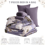 Luxudecor Floral King Comforter Set 7 Pieces Bed in a Bag, White Flower Print on Light Purple Bedding Set, Soft Reversible Comforter with Sheet Set 104"x90" Luxudecor