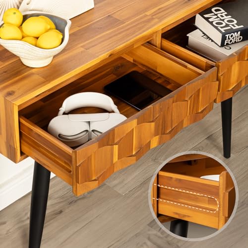 Bme Console Modern Mid-Century 2 Drawers and Metal Legs, Unique Geometric Design Sofa Table for Entryway, Hallway, Living Room, Teak Brown Bme