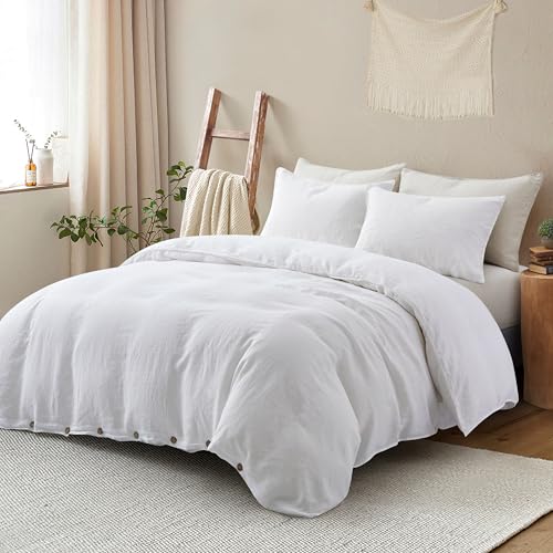 ATLINIA 100% Flax Linen Duvet Cover Set - Stone Washed Pure French Linen Organic Fabric for Farmhouse Comforter Boho Bedding Included 1 Duvet Cover 2 Pillow Shams(White, King) ATLINIA