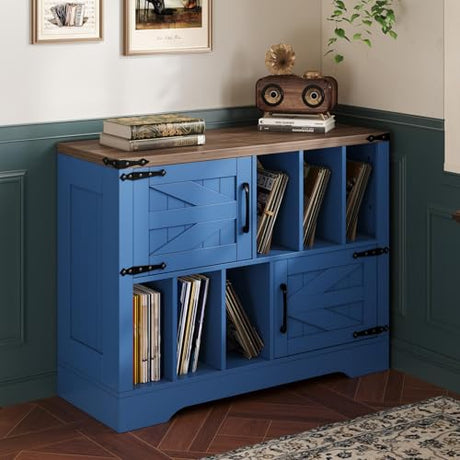 BouPower 39" Large Vinyl Record Player Stand with Vinyl Storage, Farmhouse Wood Turntable Record Player Stand with Storage Cabinet and 2 Barn Doors to 450 Albums for Living Room Bedroom, Navy Blue BouPower