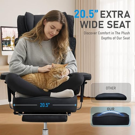 OwgeinSet Big and Tall Office Chair, Ergonomic Leather Reclining Chair with Footrest, High-Back Comfy Executive Computer Desk Chairs with Lumbar Support, Wide Seat, 400LBS (Black) OwgeinSet
