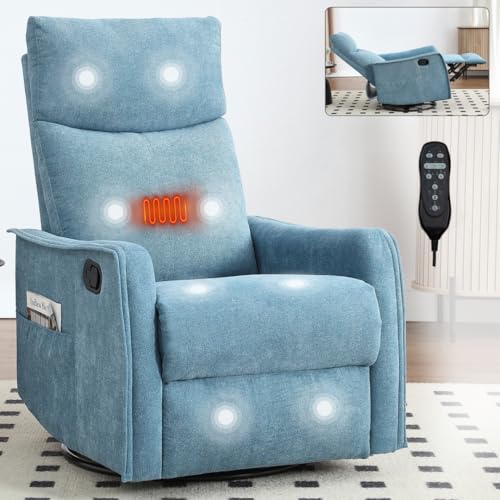 ADOVA Power Swivel Rocker Recliner Chair, Heat Massage Manual Recliner Chair with Rocker and Swivel in Fabric, Classic and Traditional Manual Recliner for Living Room, Blue ADOVA