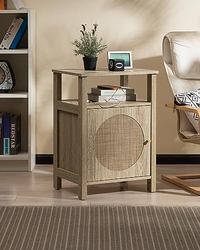 SICOTAS Rattan Nightstand Set of 2, Boho Tall Night Stand with Charging Station, Wooden Farmhouse Bedside End Table with Storage, 4-Tier Nightstands with Adjustable Shelf for Bedroom or Livin - WoodArtSupply