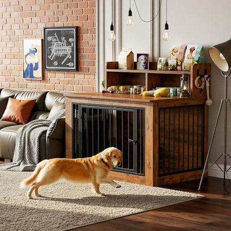 IRONCK Extra Large Dog Crate Furniture, 43.3 inches Wooden Dog Crate with Storage and 4 Hooks, Heavy Duty Pet Crate for Large Dog, Decorative Pet Cage for Indoor (30" L x 43.3" W x 41.1" H) IRONCK