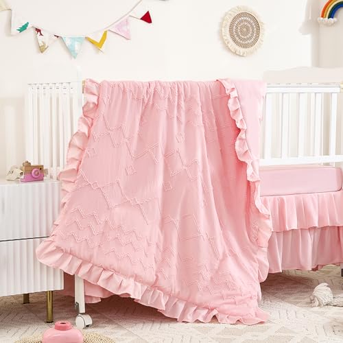 NacoMoco 3-Piece Tufted Ruffle Crib Bedding Set for Girls - Ultra Soft Baby Bedding Set Includes Boho Crib Comforter, Sheet & Skirt (Light Pink) NacoMoco