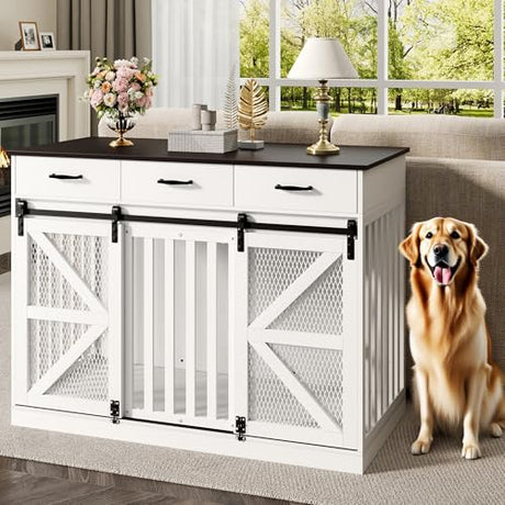 kepptory 48'' Dog Crate Furniture with Divider&Storage Drawers, Wooden Double Dog Kennel Furniture End Table with Sliding Barn Doors, White Double Dog Crate TV Stand kepptory