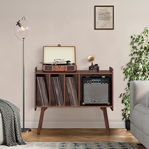 Lerliuo Record Player Stand with 4 Cabinet Holds Up to 220 Albums, Large Turntable Stand with Beech Wood Legs, Mid-Century Record Player Table,Walnut Vinyl Holder Storage Shelf for Bedroom Living Room Lerliuo