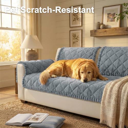 Smiry Fuzzy Couch Cover for Dogs, Non Slip Washable Pet Sofa Cover, Scratch Proof Hair Resistant Plush Sofa Slipcover, Pet Friendly Couch Cushion Protector for Cat, Grey, 27.6" x 59" Smiry