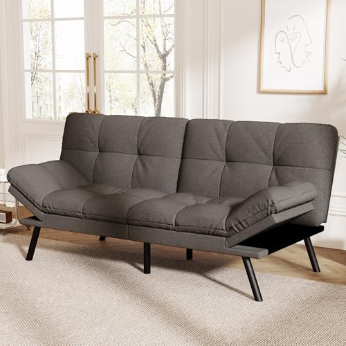 Vipbear Convertible Futon Sofa Bed,Grey Linen Futon Couch with Detachable Cushion,Adjustable Backrest & Armrest,Modern Small Recliner Loveseat Sleeper Couch for Living Room,Office,Apartment Vipbear