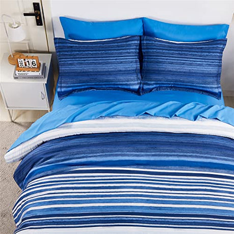 KAKIJUMN 7 Piece Bed in a Bag Stripe Comforter Set Full Size, White and Blue Patchwork Striped Comforter and Sheet Set, All Season Soft Microfiber Complete Bedding Sets(Blue,Full) KAKIJUMN