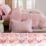 A Nice Night Comforter Twin Size,Pink Ruffle Comforter for Dorm Room Essentials for Twin Bed,Plaid Checkered Chic Bedding Bed in a Bag for Girls A Nice Night