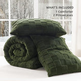 Litanika Fluffy Queen Size Comforter Set Olive Green, 3 Pieces Warm Sherpa Fleece Winter Bedding Set, Jacquard Checkered Plush Fuzzy Blanket Bed Set(1 Comforter, 2 Pillowcases)
