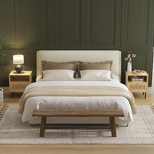 Boho Rattan Nightstands Set of 2 with Door, Open Shelf & Metal Legs Angel Sar