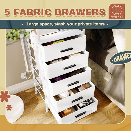 EKNKOZY Nightstand 5 Drawer Dresser with LED Lights and Charging Station, Vertical Side Table with Fabric Drawers, End Table with Open Shelf, Tall Dresser for Bedroom, Hallway, Entryway, White EKNKOZY
