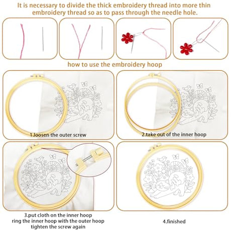 BEUNITONE 6 Set Varieties Cat and Flowers Embroidery Kit for Adults Beginners, Pre-Stamped Pattern Needlepoint Kits with Hoop, Tools, Instruction, Hand Embroidery Kits for Gifts, Fabric and Home Decor BEUNITONE