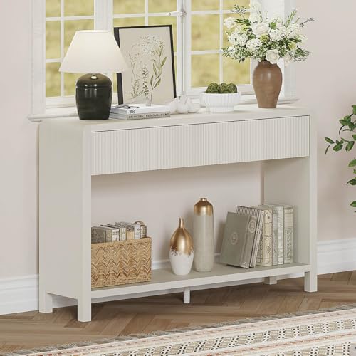 FATORRI Entryway Console Table with 2 Drawers, Modern Sofa Table for Living Room, Couch Tables Behind Sofa and Hallway Tables with Storage (47.2 inch, Antique White) FATORRI