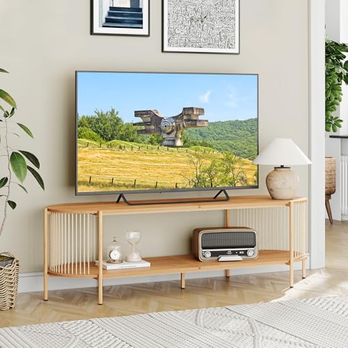 Yechen Boho Natural Hand-woven Rope TV Stand for Up to 65" TV, Mid-Century Modern TV Console, Wooden Oval Entertainment Center for Living Room, Media Console with Storage Shelf and Sturdy Ste - WoodArtSupply