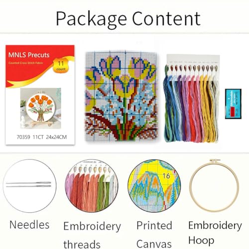Zhenqing Orange Tulip Bouquet Cross Stitch Kit for Beginners - Complete Set with Pre-Printed 11CT 24x24cm Fabric, Hoop & Threads(70359)