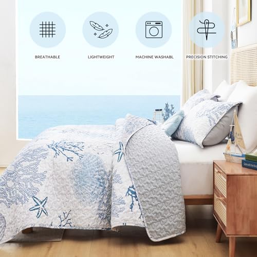 weigelia Coastal Quilts Bedding Set King Size - Blue Summer Nautical Bedding Quilt with Pillow Cases, Beach Reversible Quilt Set Bedspreads Coverlet Soft Lightweight Comforter weigelia