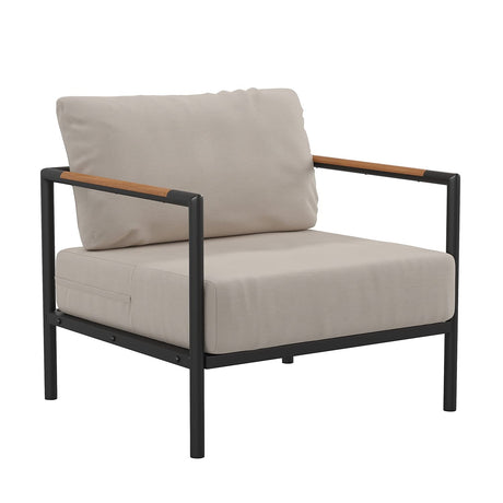 Flash Furniture Lea Indoor/Outdoor Patio Chair with Cushions - Modern Aluminum Framed Chair with Teak Accented Arms, Black with Beige Cushions Flash Furniture