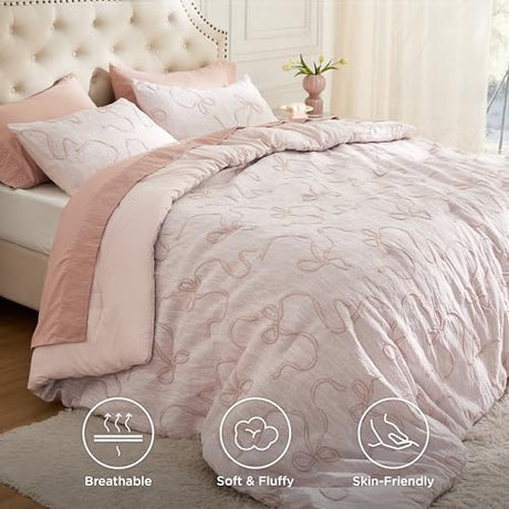 Bedsure Pink Full Size Comforter Sets for Girls, GentleSoft™ 3 Pieces Bow Comforter with 2 Pillow Shams, Cute Girls Full Size Bedding Sets Pink Room Decor Aesthetic Bedroom Decor, 82x86 Inches Bedsure