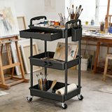 SUNALLY 3 Tier Rolling Cart with Drawer, Bathroom Storage Organizer with 2 Lockable Wheels, Multifunctional Rolling Storage Cart for Bathroom, Kitchen, Office, Craft, Makeup, Baby Essentials, Black
