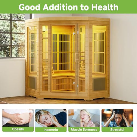 RESTISLAND Infrared Sauna Room for Home, 4 Person Indoor Home Sauna Spa, Far Infrared Canadian Wooden Corner Saunas with 10 Low Emf Heaters, Bluetooth Speakers, 7 Color Chromotherapy Lights RESTISLAND