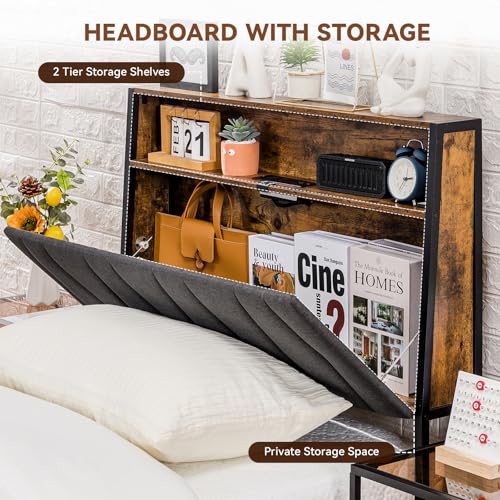 COMHOMA Twin Size Platform Bed Frame with LED Lights and Charging Station, Storage Headboard and Footboard Drawers, No Box Spring Needed, Rustic Wood Look COMHOMA