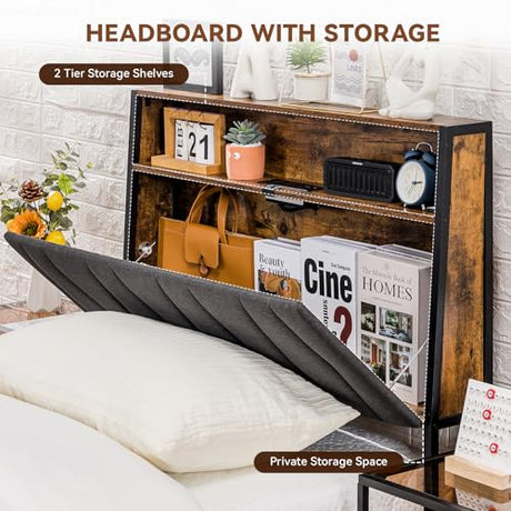 COMHOMA Twin Size Platform Bed Frame with LED Lights and Charging Station, Storage Headboard and Footboard Drawers, No Box Spring Needed, Rustic Wood Look COMHOMA