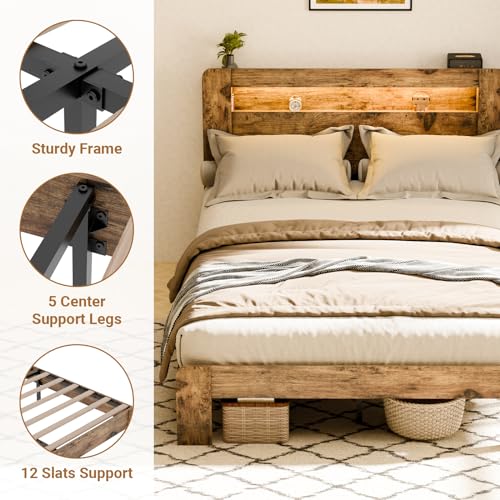 Zevemomo Full Size Bed Frame with LED Lights & Charging Station - Rustic Brown Zevemomo