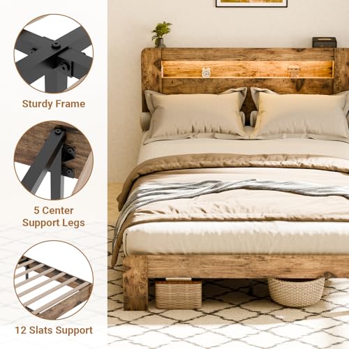 Zevemomo Full Size Bed Frame with LED Lights & Charging Station - Rustic Brown - WoodArtSupply