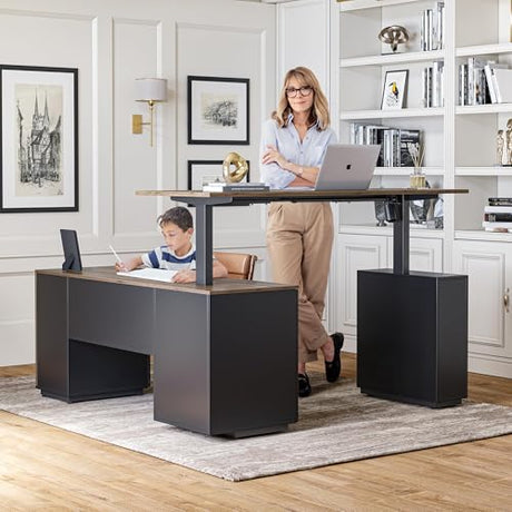 FEZIBO 63" L Shaped Standing Desk with Storage, Executive Height Adjustable Table, Deep Wood Grainy FEZIBO