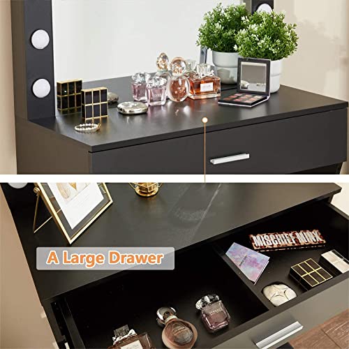 Titoni Vanity Desk, Makeup Vanity Desk Storage with Mirror, Lights for Bedroom (Black)